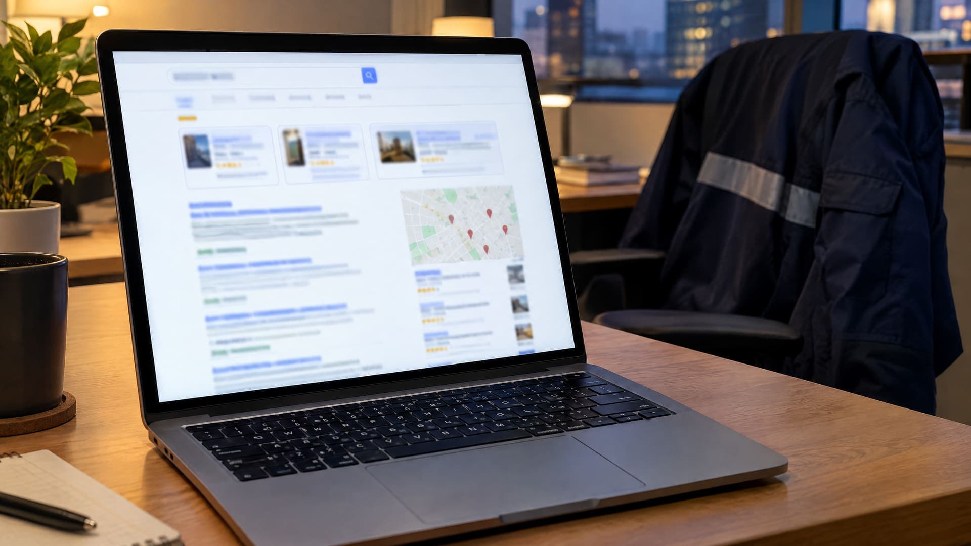 Laptop mit Suchergebnisseite, Anzeigenblöcken und Karte, im Hintergrund eine dunkelblaue Jacke über einer Stuhllehne