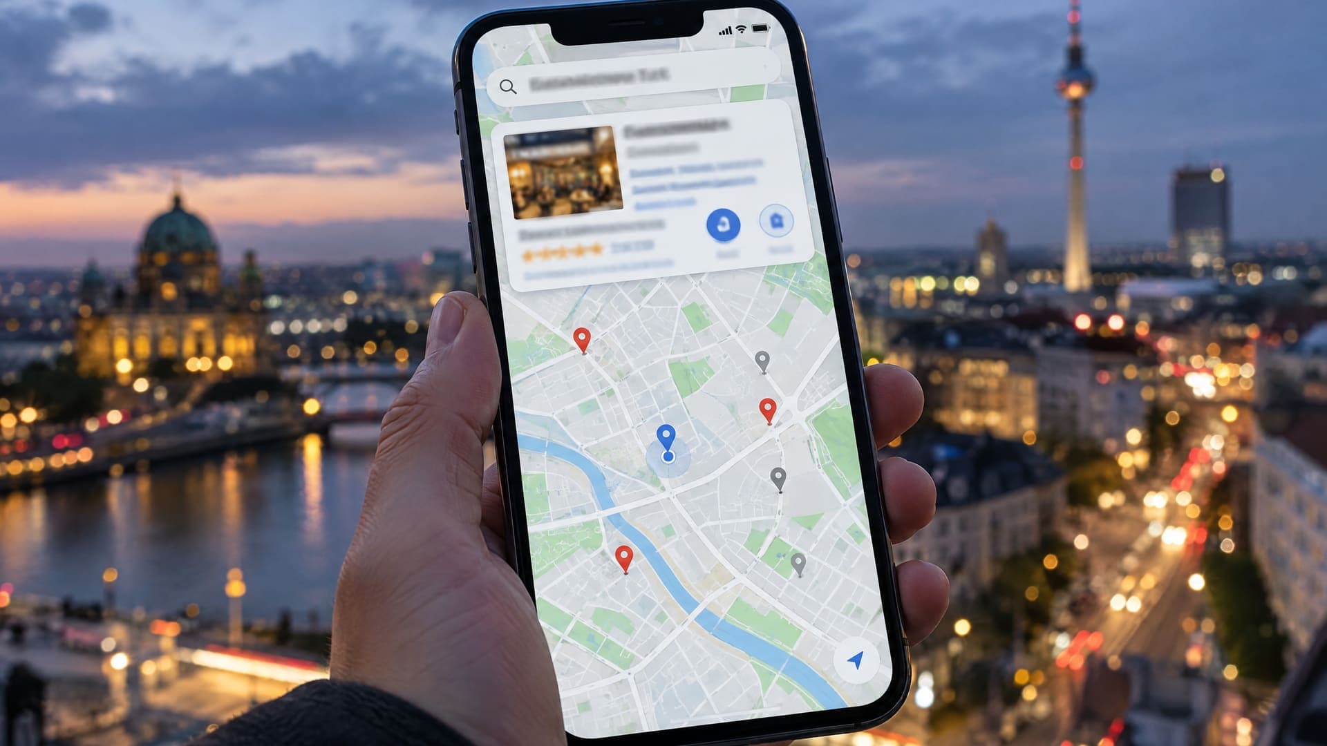 Smartphone mit Kartensuche in Berlin, mehreren Standortmarkierungen und einem hervorgehobenen Unternehmenseintrag