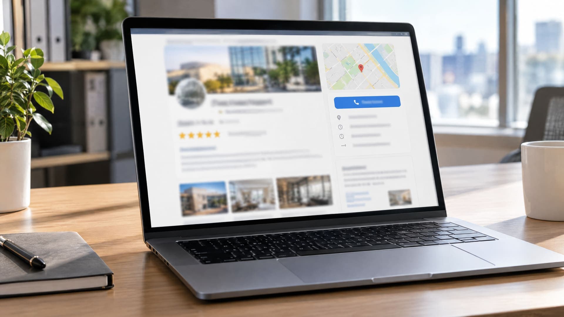Laptop mit Unternehmensprofil-Layout aus Karte, goldenen Sternen und Anruf-Button