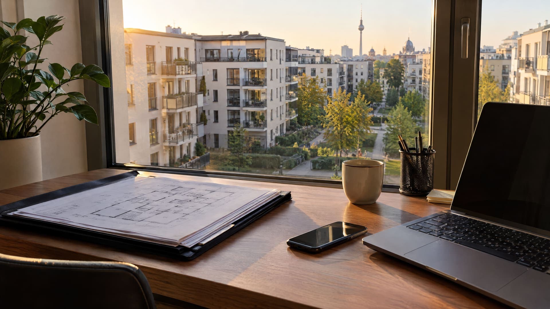 Schreibtisch einer Hausverwaltung mit Mappe voller Gebäudepläne, Telefon und Laptop, vor dem Fenster eine Berliner Wohnanlage