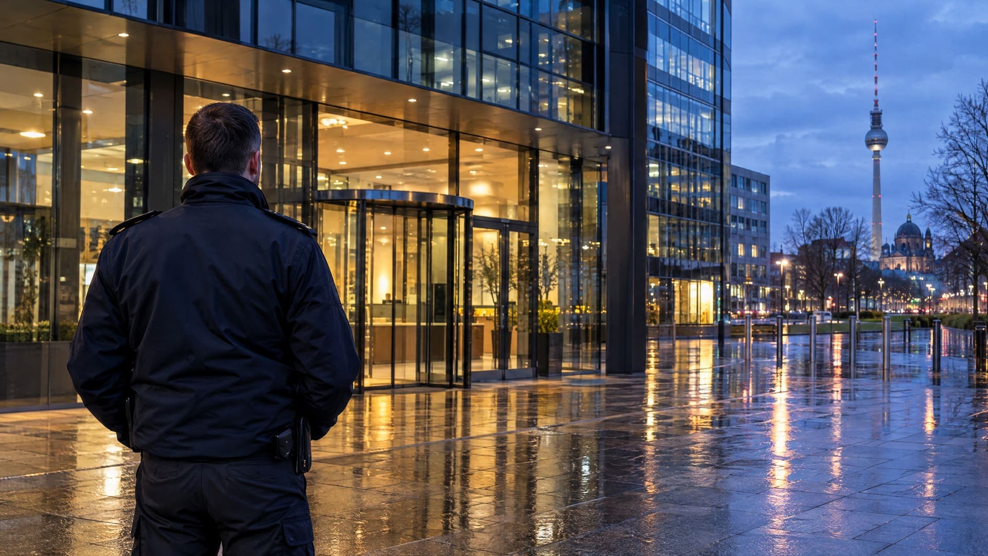 Sicherheitsmitarbeiter in dunkler Jacke von hinten vor einem beleuchteten Bürogebäude in Berlin in der Dämmerung
