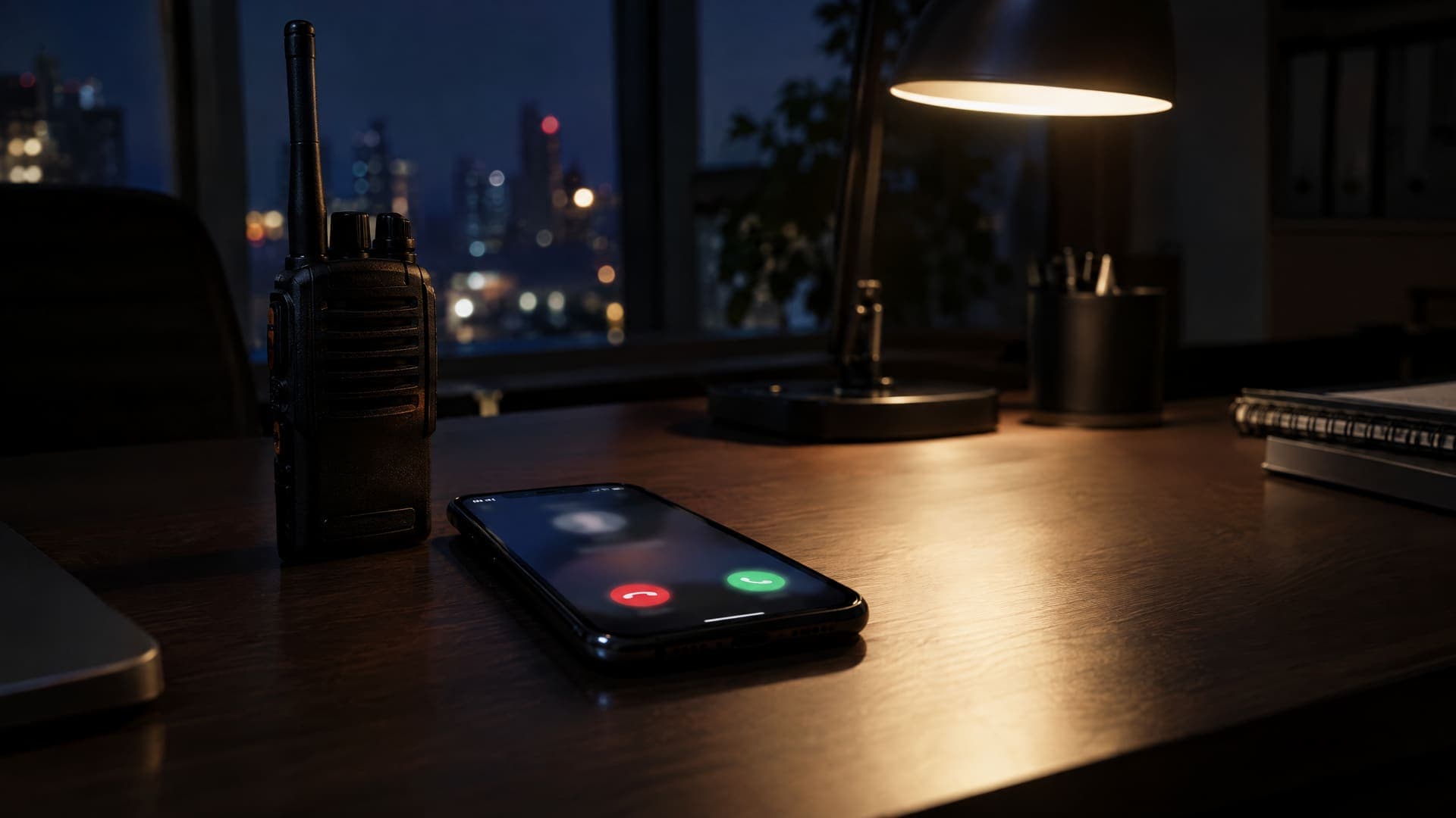 Klingelndes Smartphone auf einem nächtlichen Schreibtisch neben einem Funkgerät und einer Schreibtischlampe