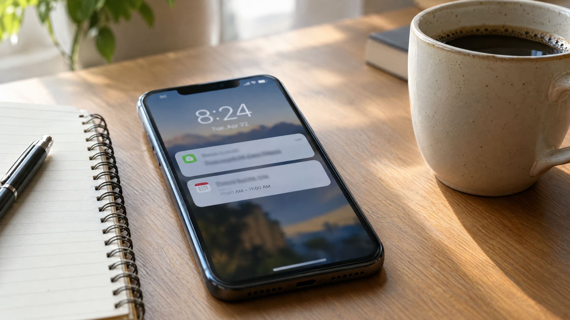 Smartphone auf einem Schreibtisch mit Erinnerung und Kalendereintrag neben Kaffeetasse und Notizbuch