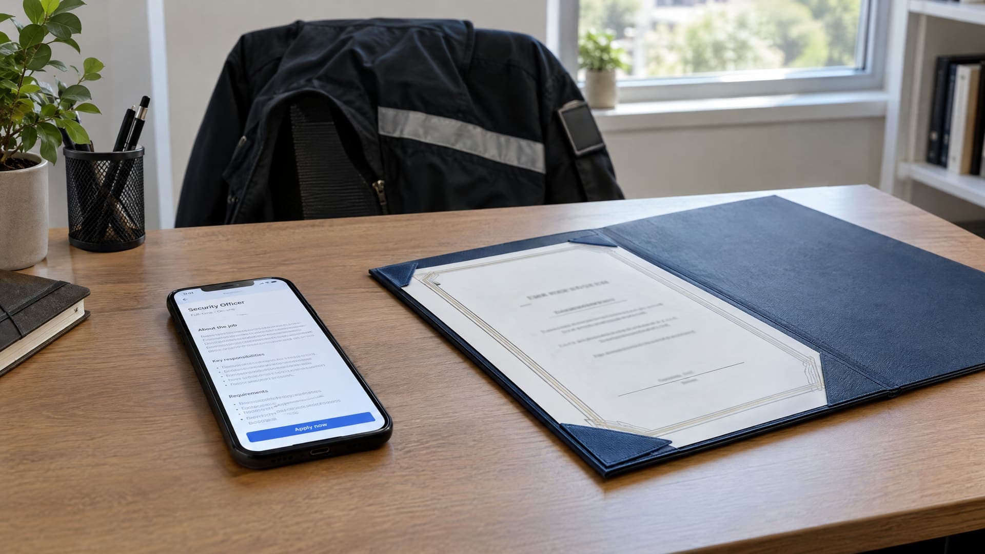 Smartphone mit Stellenanzeige und Mappe mit Zertifikaten auf einem Schreibtisch, daneben eine dunkle Arbeitsjacke