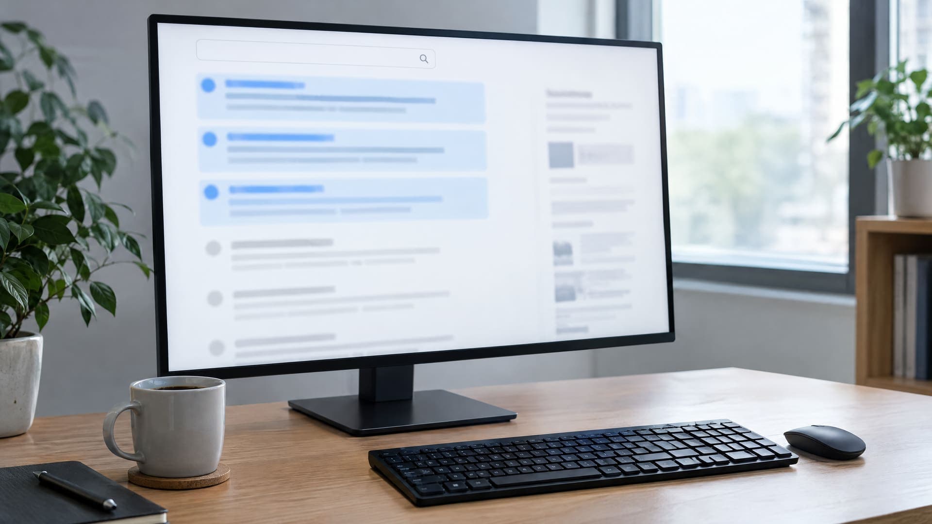 Großer Monitor mit Suchergebnisseite, bei der die ersten drei Einträge blau hervorgehoben sind
