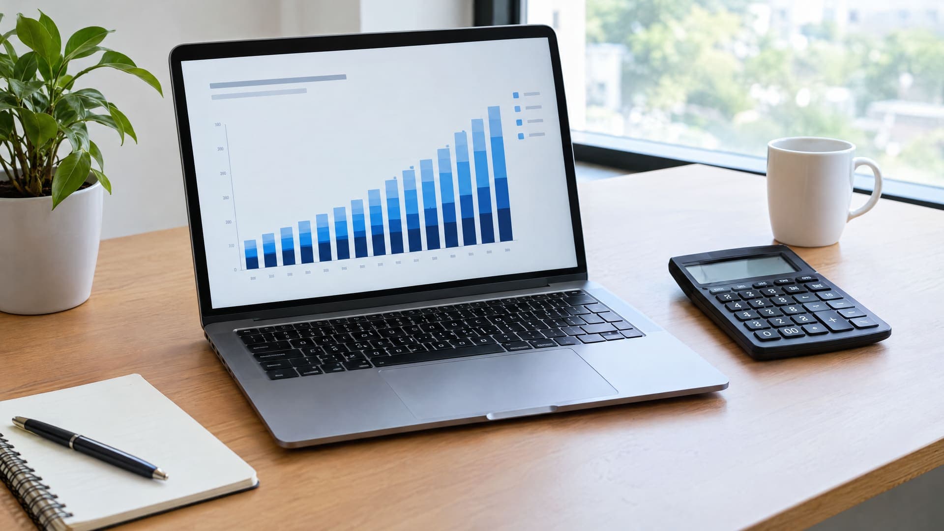 Laptop mit Diagramm aus ansteigenden blauen Balken für monatlichen Vertragsumsatz, daneben ein Taschenrechner