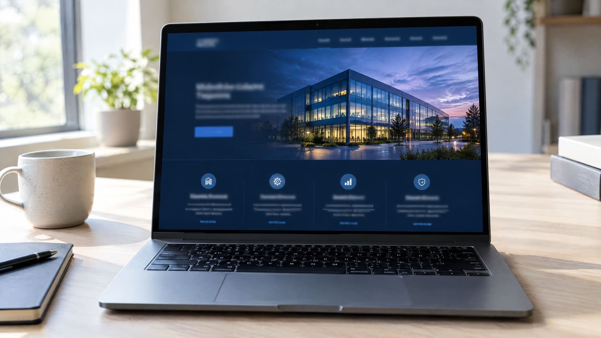 Laptop mit moderner dunkelblauer Unternehmenswebsite mit Bürogebäude im Dämmerlicht und Leistungsübersicht