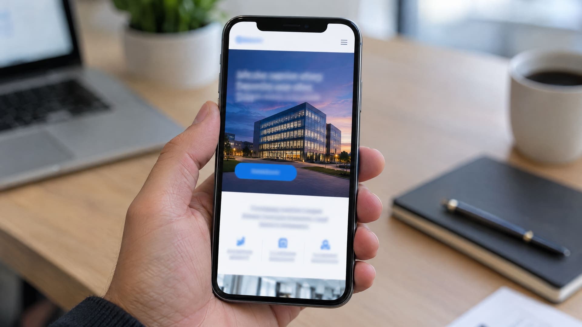 Hand hält ein Smartphone mit mobiler Unternehmenswebsite, Foto eines Bürogebäudes und großem Anruf-Button