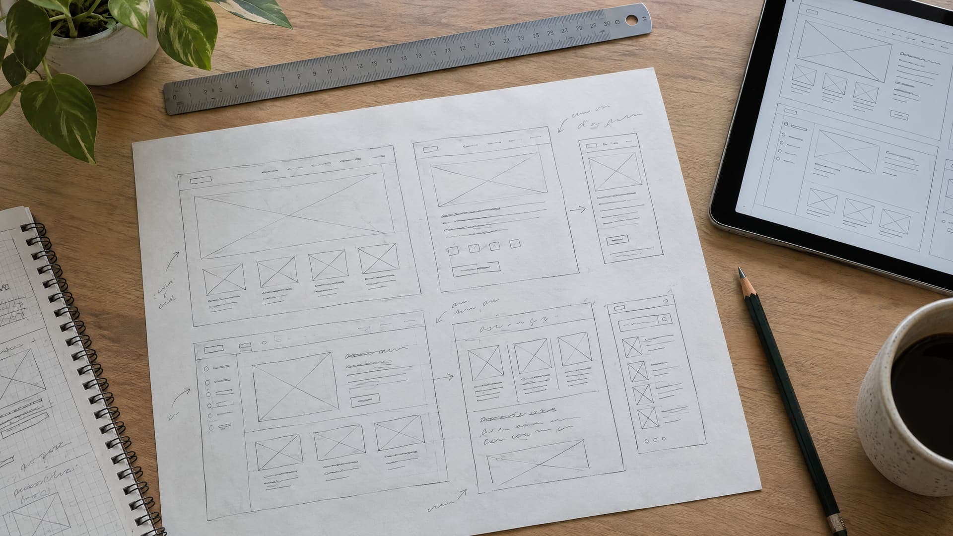 Handgezeichnete Website-Entwürfe auf Papier neben Bleistift, Lineal und Tablet auf einem Schreibtisch