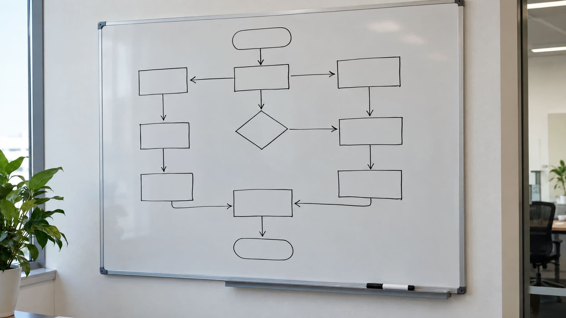 Whiteboard mit einem abstrakten Flussdiagramm aus Kästen und Pfeilen für den Umgang mit Kritik, daneben ein Stift, keine lesbare Schrift