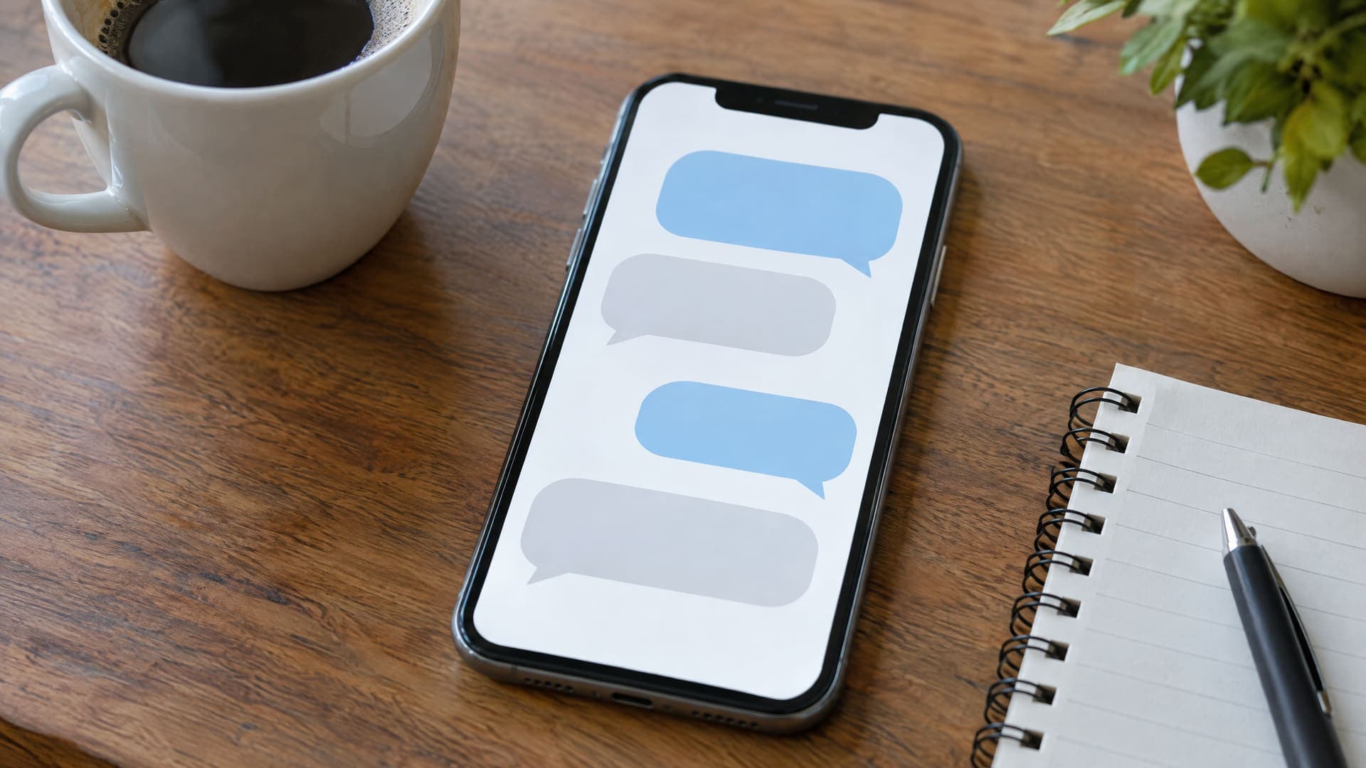 Smartphone auf einem Schreibtisch zeigt abstrakte Nachrichtenblasen ohne Text, daneben eine Kaffeetasse und ein Notizblock