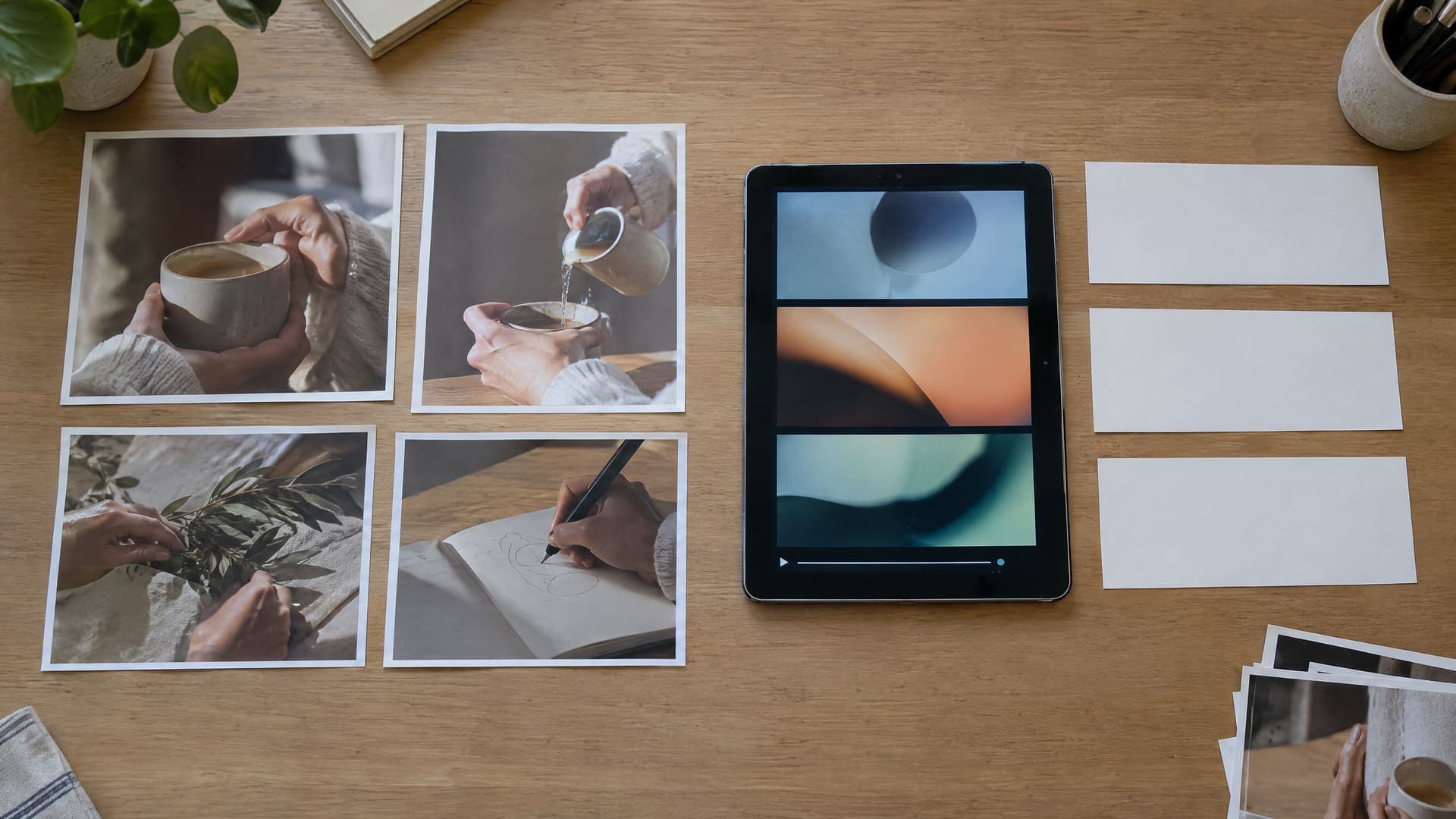 Ausgedruckte Fotos, ein Tablet mit abstrakten Videobildern und Textkarten nebeneinander auf einem Tisch, alles aus einem gemeinsamen Dreh, ohne lesbare Schrift