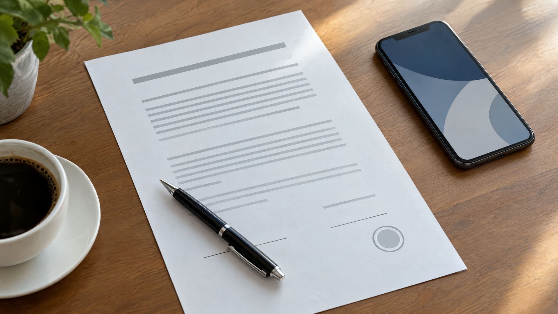 Ausgedruckter Vertrag mit Stift und Smartphone auf einem Tisch, Text auf dem Papier unleserlich, Anzeige nur abstrakte Formen