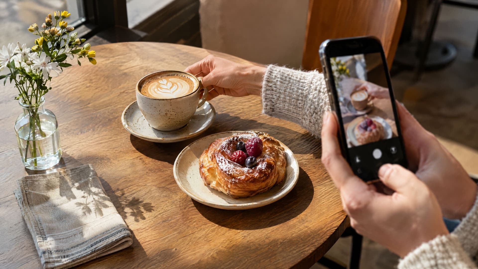 Hand einer Person ordnet Kaffeetasse und Gebäck auf einem Café-Tisch und hält ein Smartphone für ein Foto, kein Gesicht sichtbar, Anzeige nur abstrakte Formen