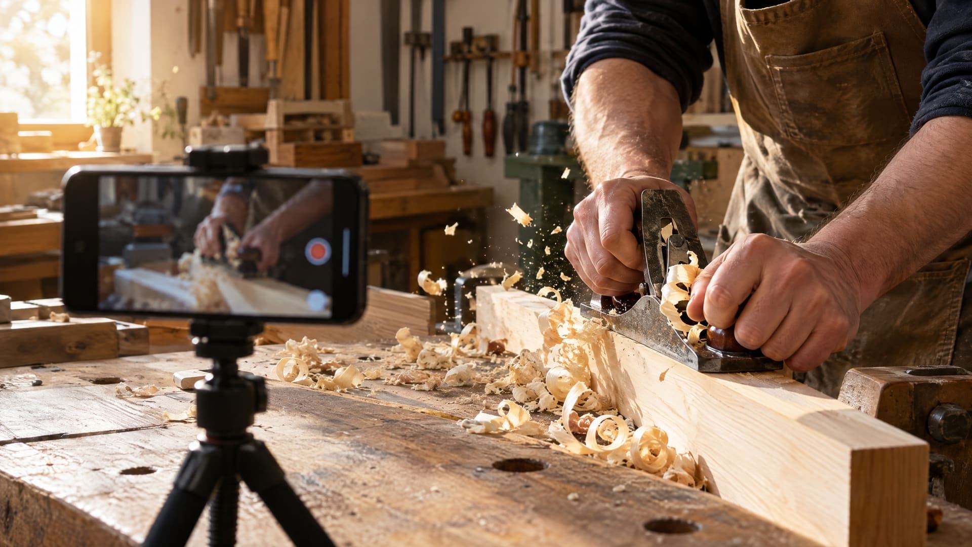 Smartphone auf einem kleinen Stativ in einer Tischlerwerkstatt, im Bild nur Hände bei der Arbeit an einer Hobelbank und Holzspäne, keine Gesichter