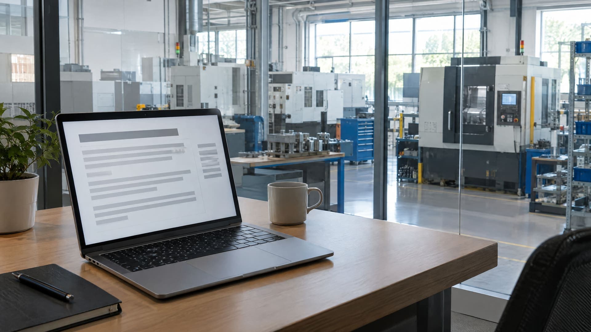 Laptop auf einem Schreibtisch hinter einer Glaswand mit Blick in eine kleine Produktionshalle mit Maschinen, auf dem Bildschirm nur abstrakte Textblöcke