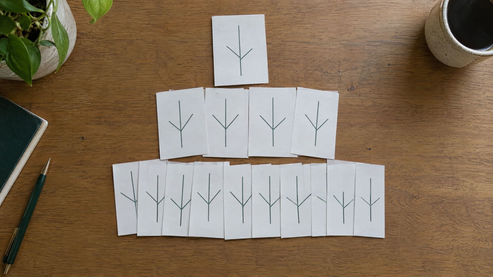 Karteikarten in drei Ebenen wie ein Baum auf einem Schreibtisch angeordnet, oben eine, in der Mitte mehrere, unten viele, Karten ohne lesbare Schrift