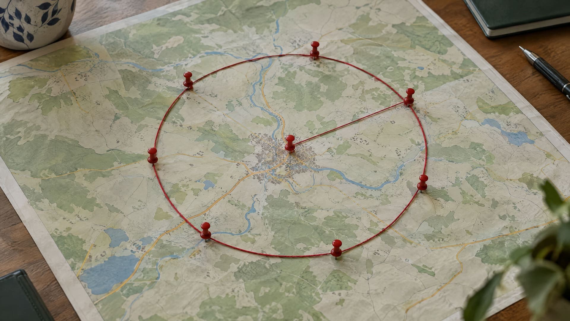 Papierkarte einer Region mit Stecknadeln rund um eine Kleinstadt und einem gespannten Faden als Umkreis, keine lesbare Beschriftung