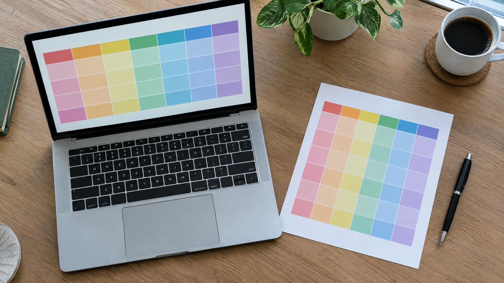Laptop mit einer abstrakten farbigen Monatstabelle neben einem ausgedruckten Monatsraster und einem Stift auf einem Schreibtisch, Schrift unleserlich
