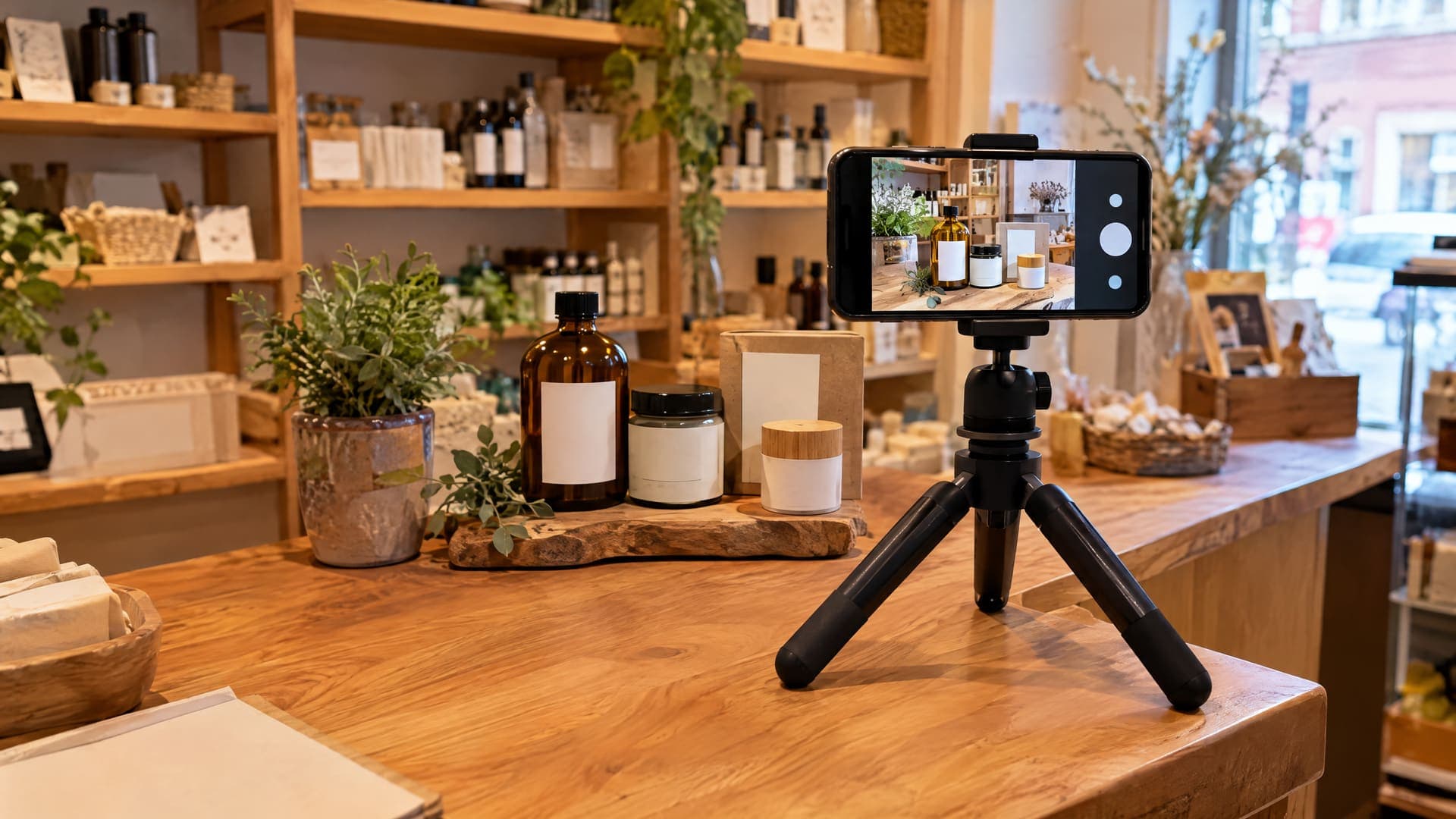 Smartphone auf einem kleinen Stativ an einer Ladentheke, davor Produkte für einen Videodreh, niemand im Bild, Beschriftungen unleserlich