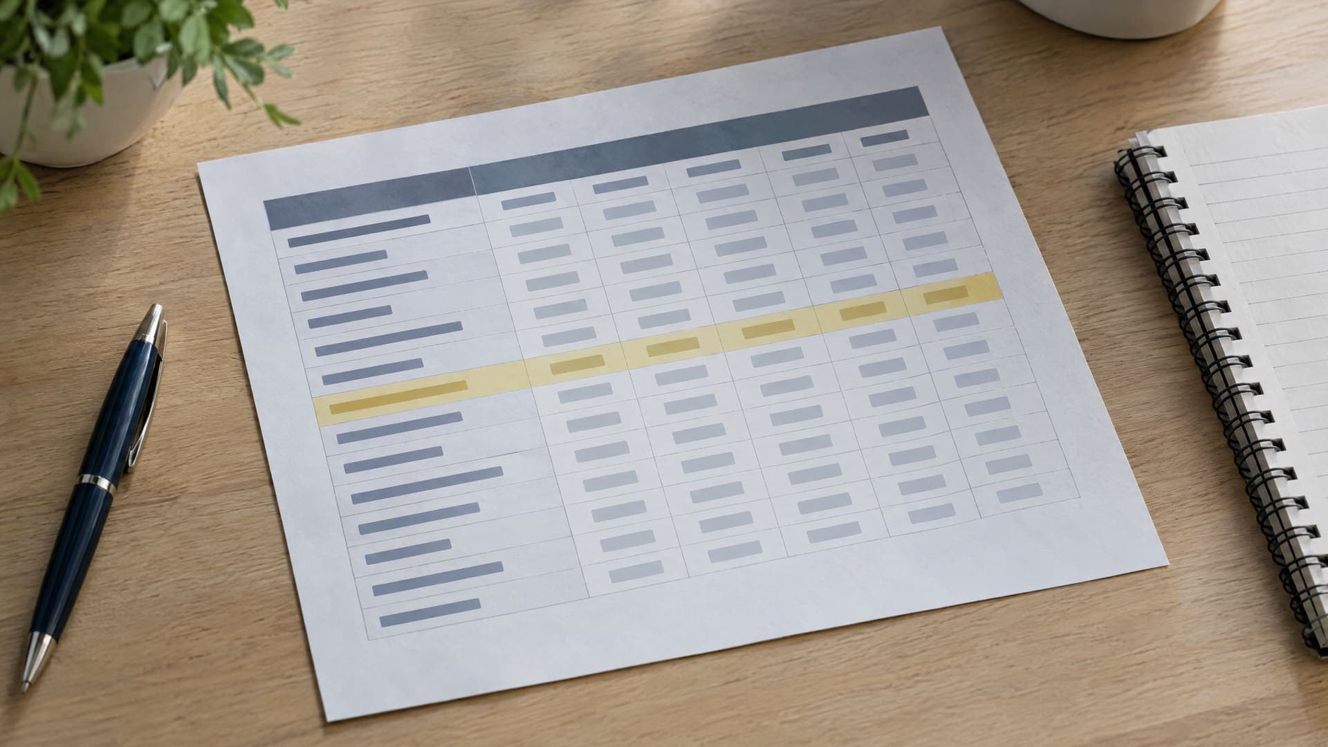 Ausgedruckte Tabelle mit einer markierten Zeile, Stift und Notizbuch auf einem Schreibtisch, Zahlen unleserlich