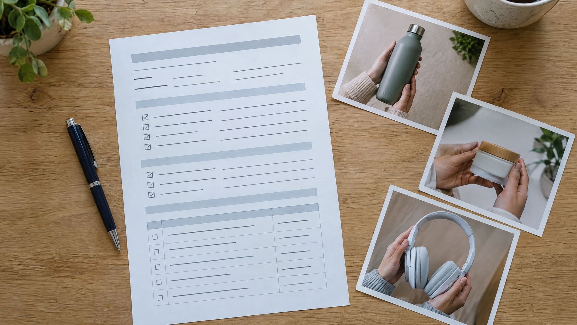 Ausgefülltes Formular mit Stift neben ausgedruckten Fotos von Händen und Produkten auf einem Tisch, Schrift unleserlich, keine Gesichter