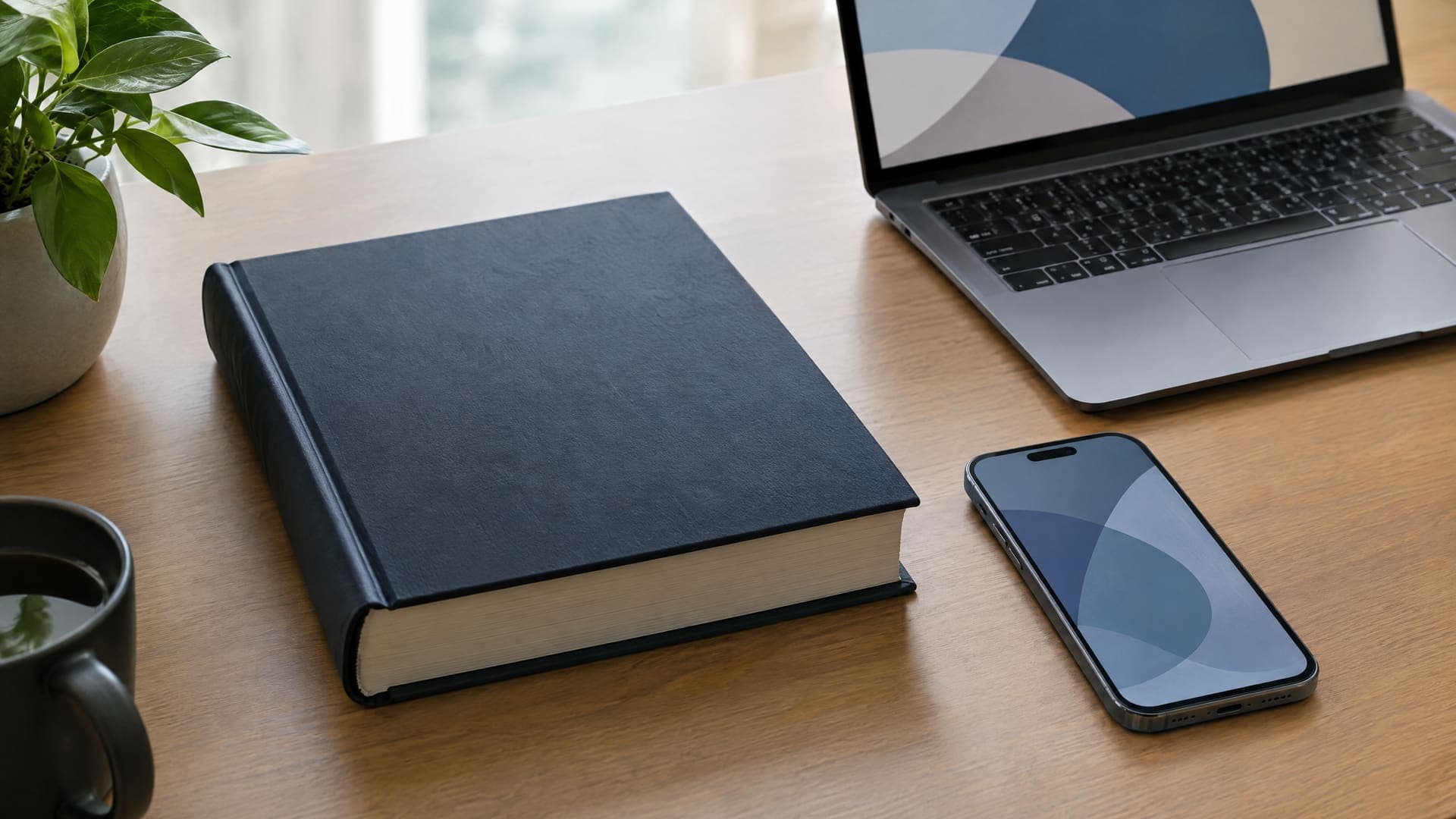 Geschlossenes Gesetzbuch neben Smartphone und Laptop auf einem Schreibtisch, Einband ohne lesbare Schrift, Anzeigen nur abstrakte Formen
