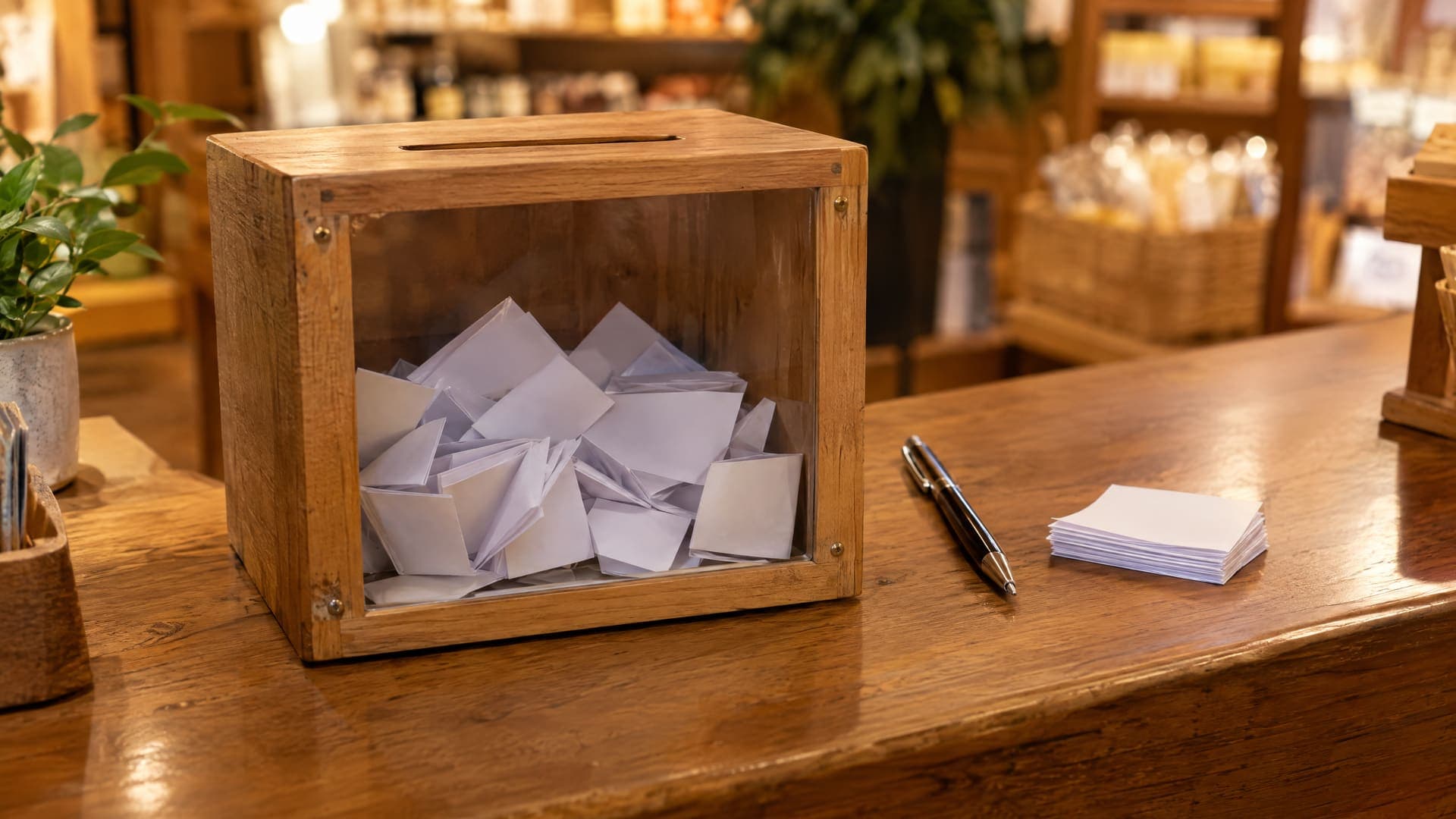 Kleine Losbox aus Holz mit gefalteten Papierzetteln auf einer Ladentheke, daneben ein Stift, ohne lesbare Beschriftung