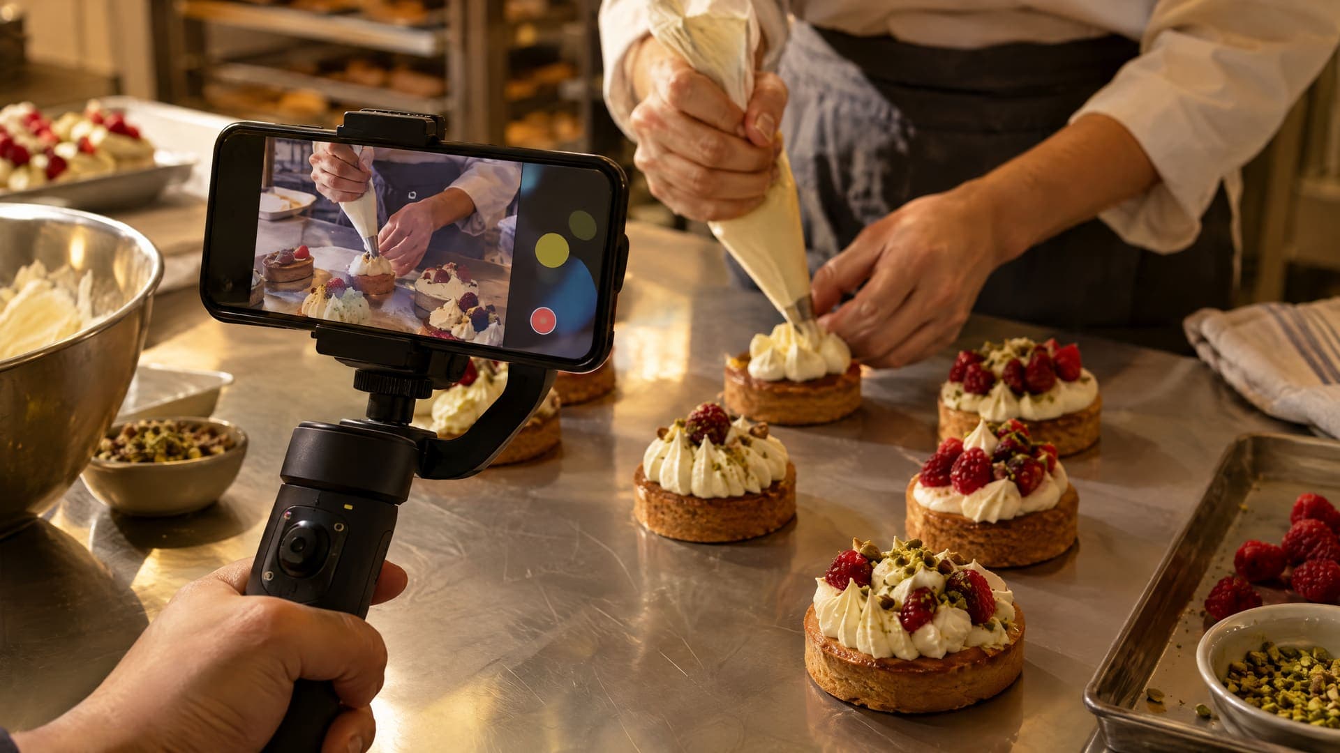 Smartphone im Hochformat auf einem kleinen Stativ in einer Backstube, davor Hände beim Verzieren von Gebäck, keine Gesichter, Anzeige nur abstrakte Formen