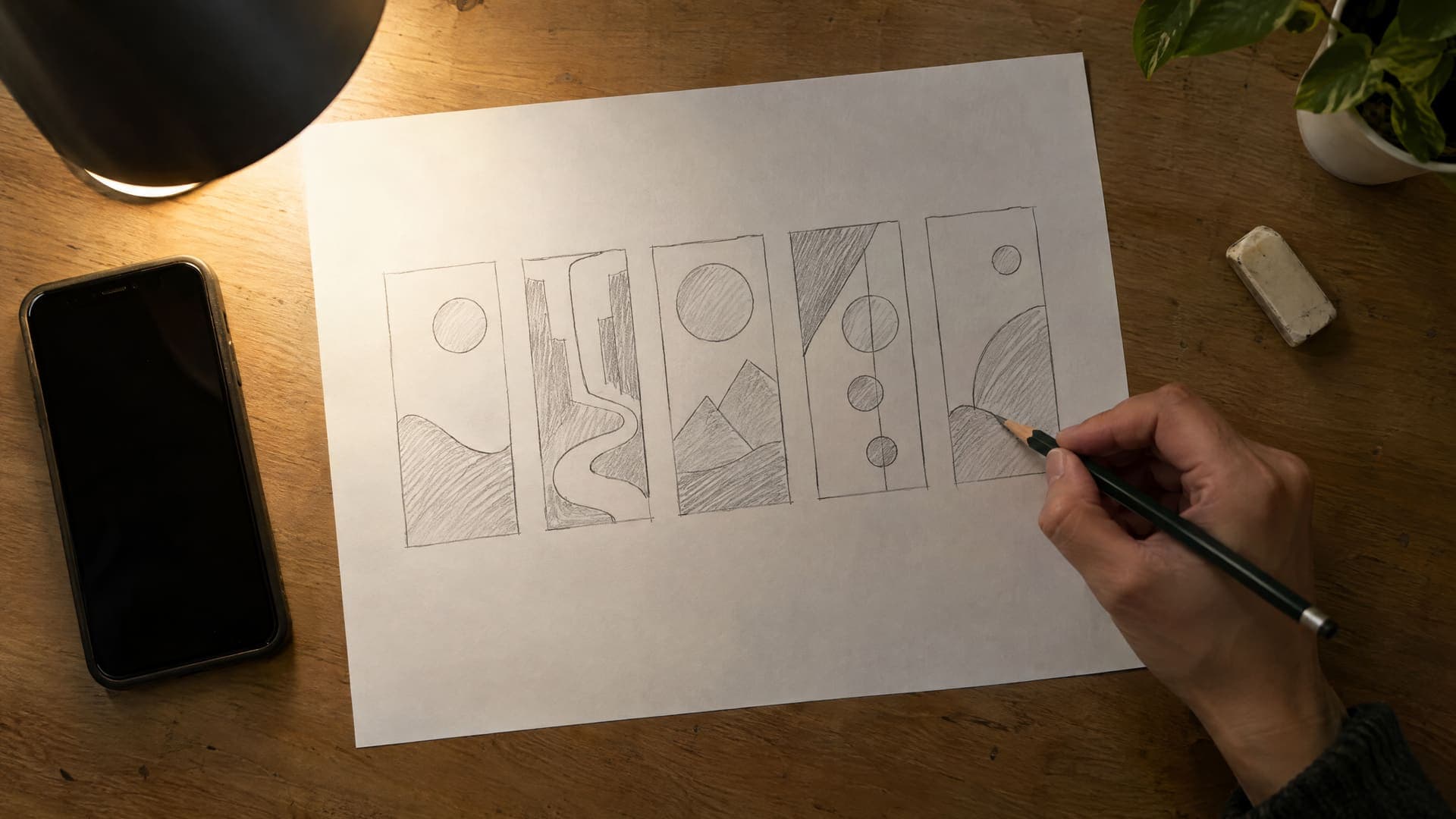 Hand zeichnet auf Papier mehrere schmale Hochformat-Rahmen als Storyboard für ein Kurzvideo, daneben ein Smartphone, Zeichnungen nur abstrakte Skizzen