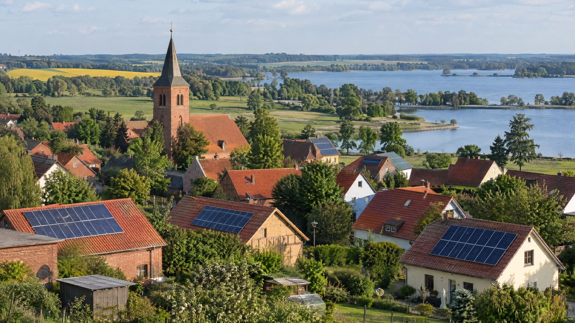 Dorf in Brandenburg mit roten Dächern, mehreren Photovoltaikdächern, Kirchturm und See
