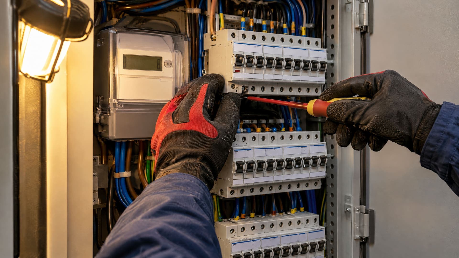 Hände eines Elektrikers arbeiten an einem Zählerschrank