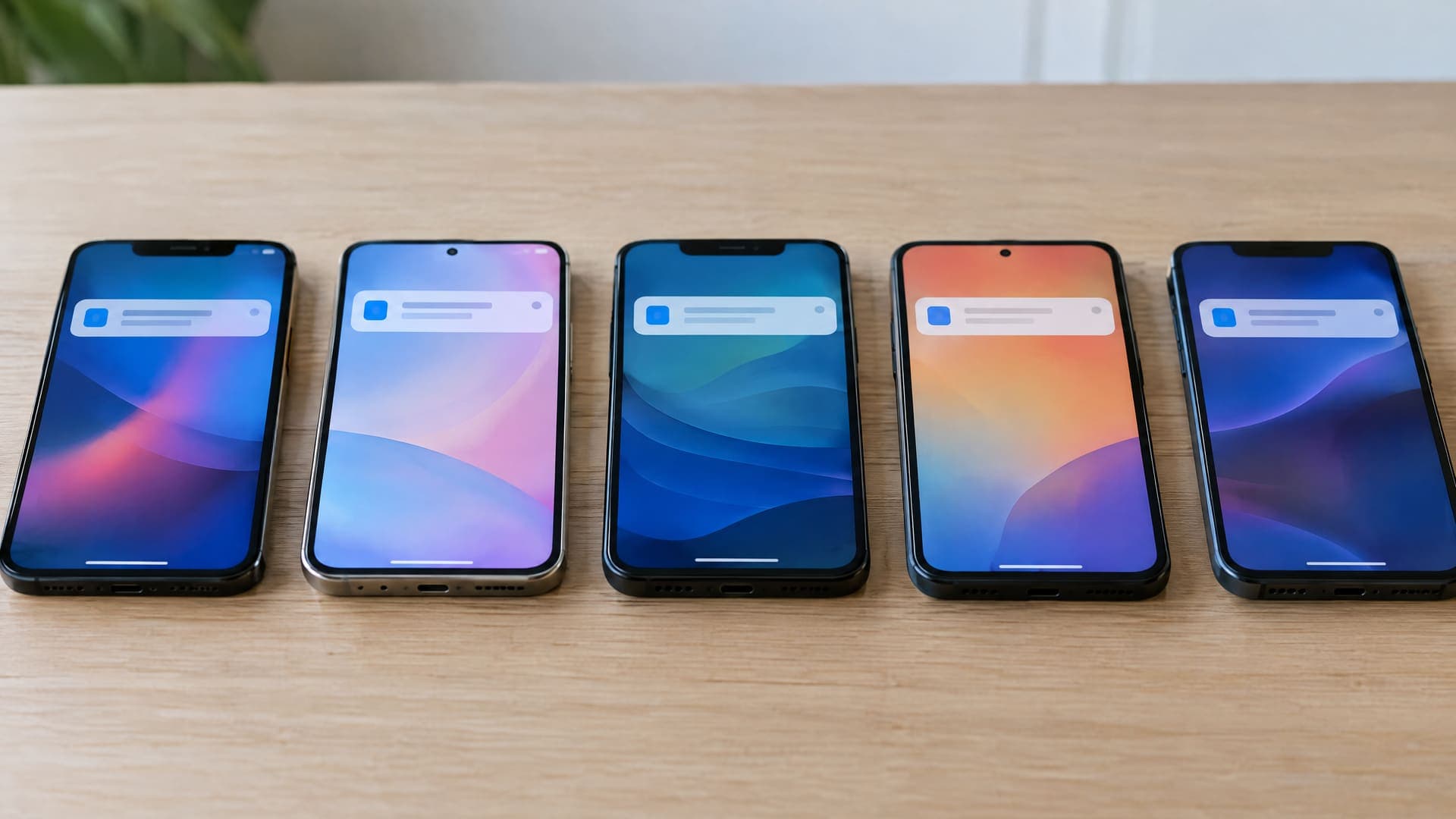 Fünf Smartphones nebeneinander leuchten gleichzeitig mit derselben Benachrichtigung auf