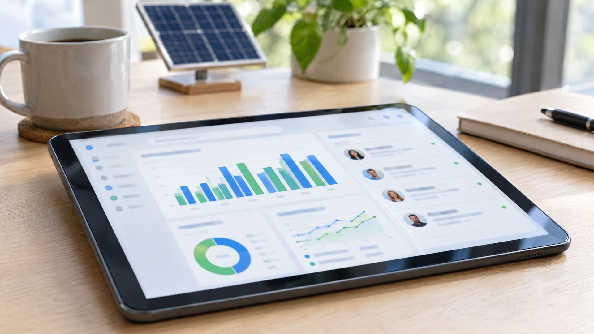 Tablet mit Dashboard aus Balkendiagrammen und Kontaktkarten, daneben ein kleines Solarmodul