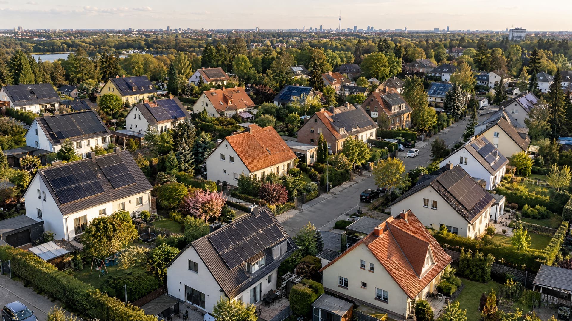 Wohnsiedlung bei Berlin aus der Luft: ein Teil der Dächer trägt Photovoltaik, die übrigen sind das Potenzial für neue Anfragen