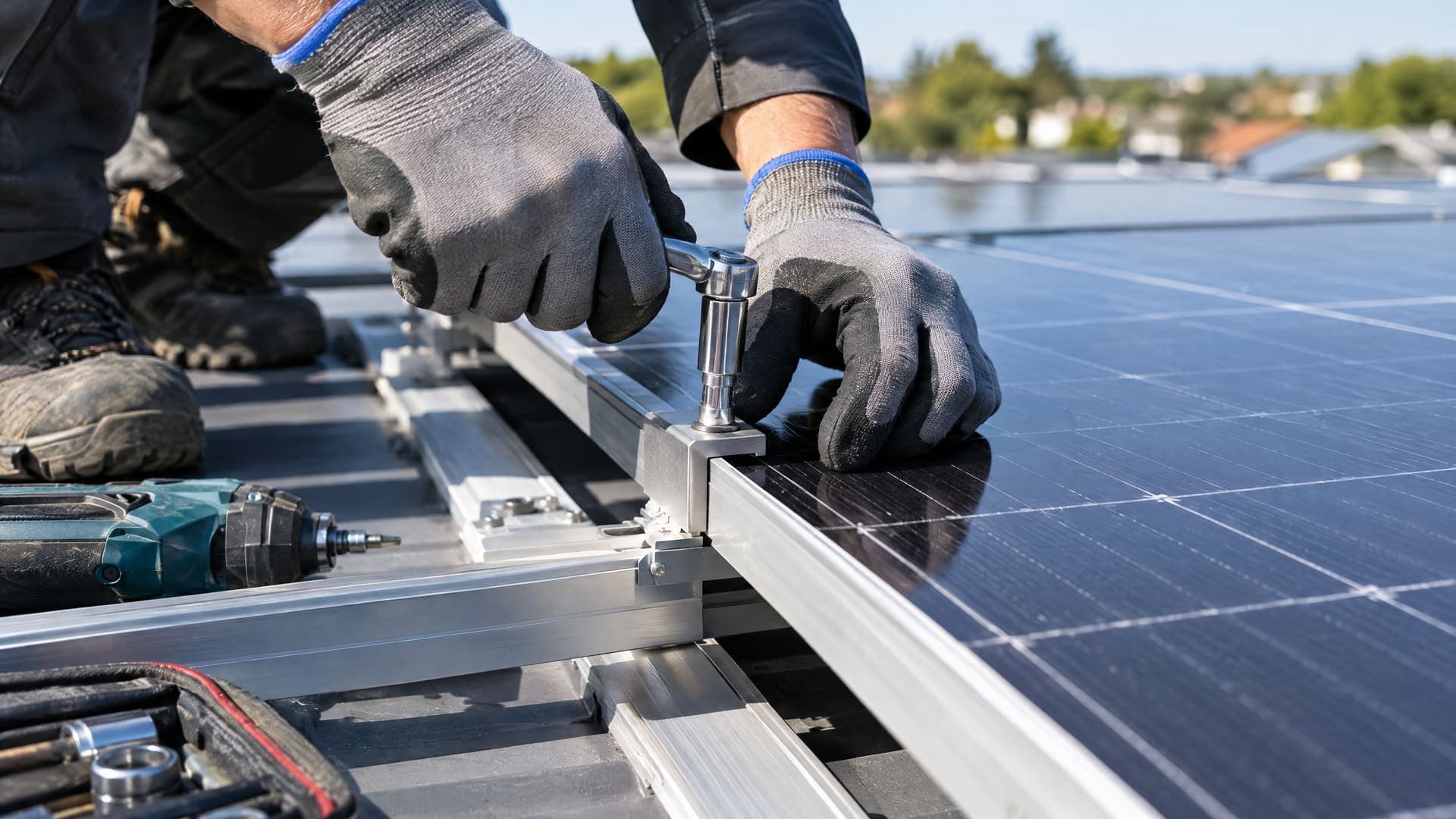 Handschuhe befestigen ein schwarzes Photovoltaikmodul auf Montageschienen