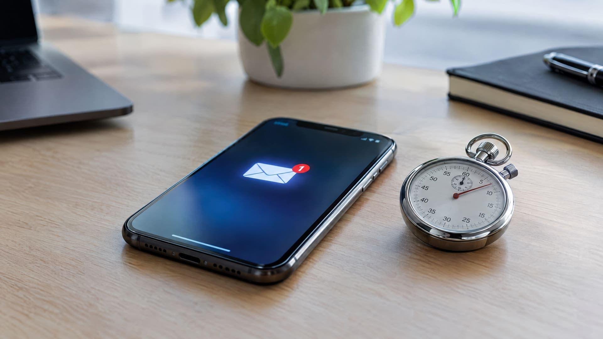 Smartphone mit neuer Nachricht neben einer Stoppuhr auf einem Schreibtisch