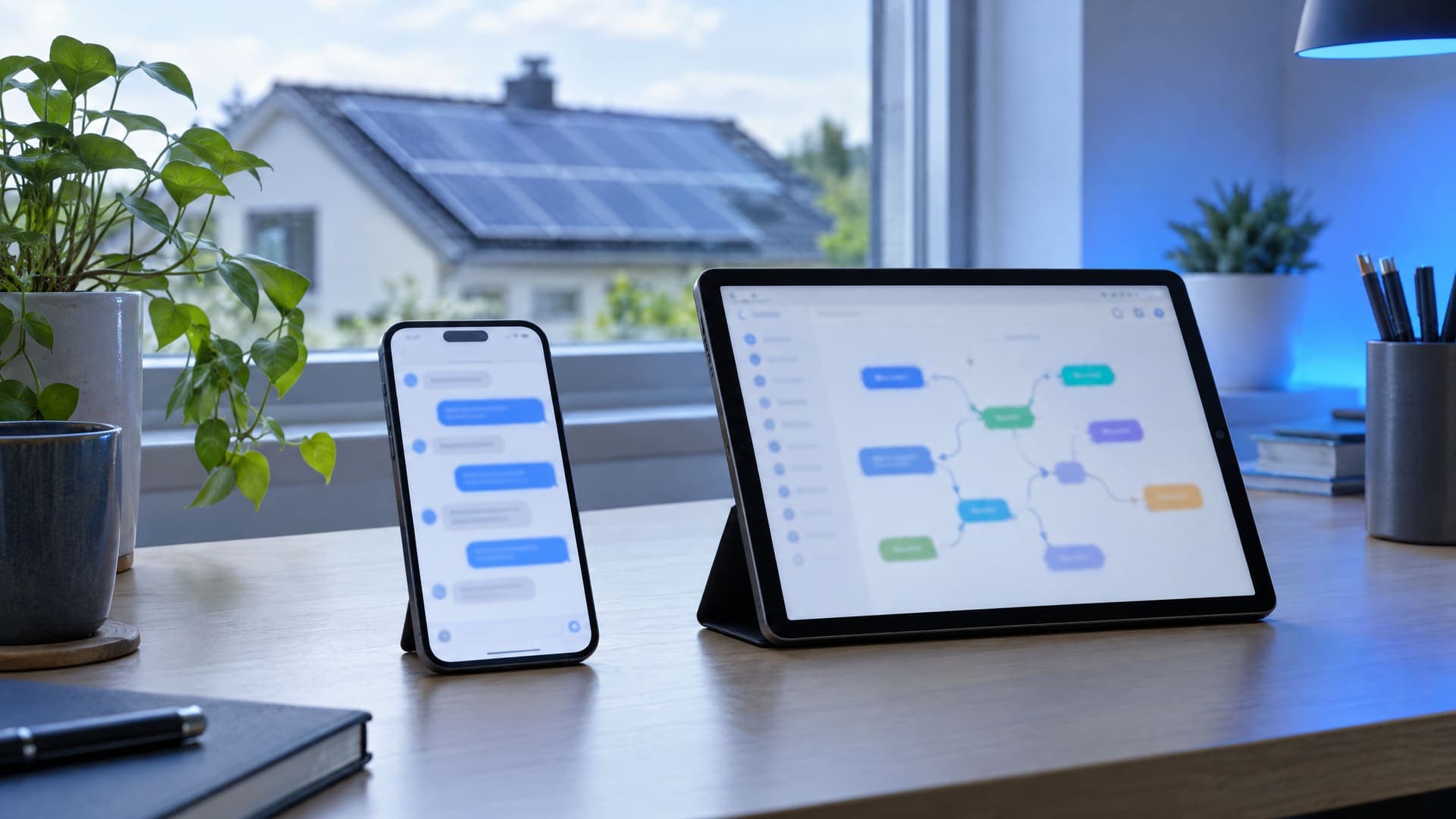 Smartphone mit Chat und Tablet mit Workflow-Diagramm auf einem Schreibtisch, durchs Fenster ein Dach mit Solarmodulen