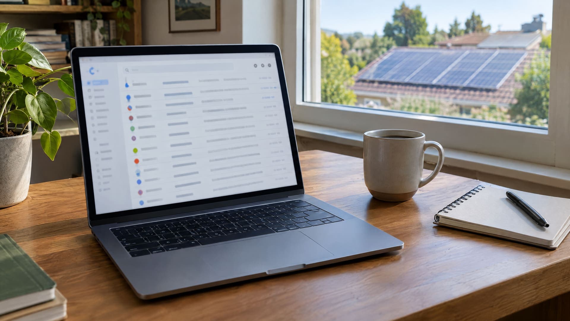 Laptop mit unleserlicher E-Mail-Postfachliste auf einem Holzschreibtisch, daneben Tasse und Notizbuch, durchs Fenster ein Dach mit Photovoltaikmodulen