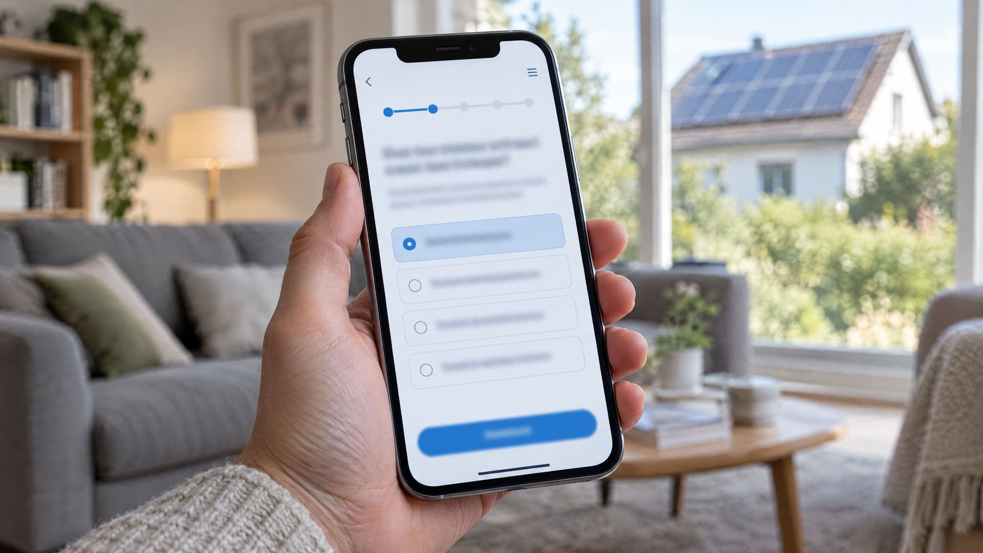 Smartphone mit mehrstufigem Fragebogen und Fortschrittsbalken, im Hintergrund ein Dach mit Solarmodulen