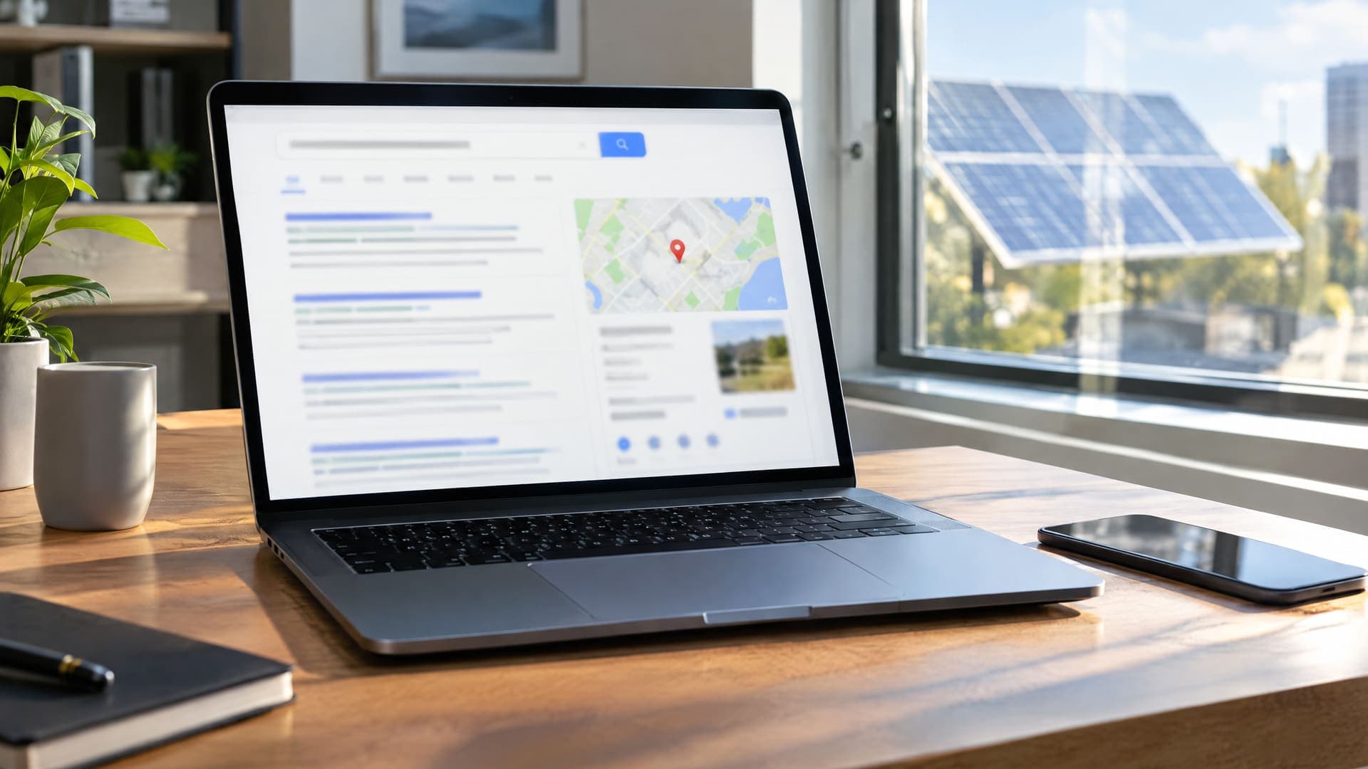 Laptop mit abstrakter Suchergebnisseite und Kartenausschnitt, im Fenster ein Solarmodul
