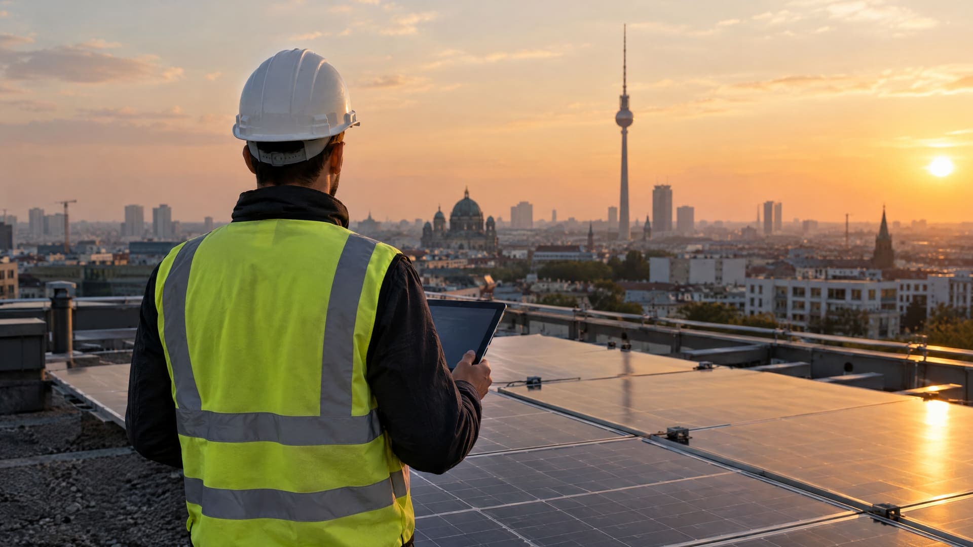 Monteur mit Helm und Warnweste steht von hinten auf einem Flachdach mit Photovoltaikmodulen, ein Tablet in der Hand, dahinter die Berliner Skyline mit Fernsehturm im Sonnenuntergang