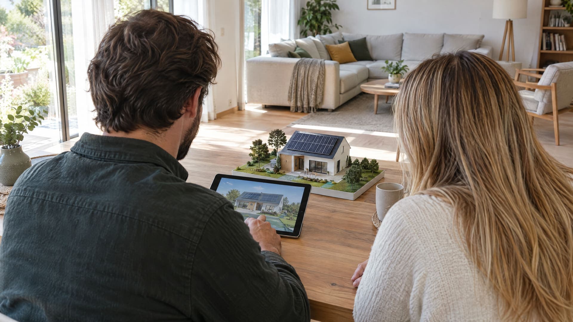 Zwei Personen besprechen ein Solarangebot am Tablet mit einem kleinen Hausmodell mit Solarmodulen auf dem Tisch