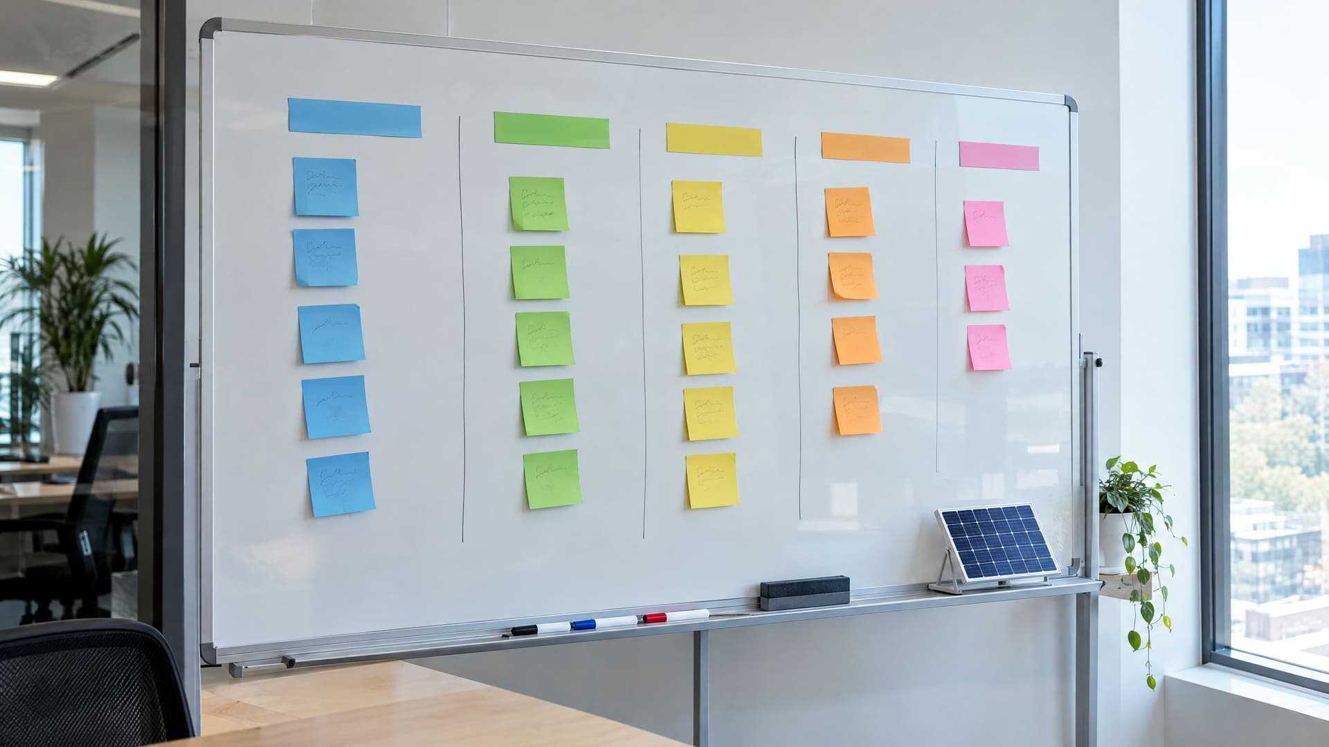 Whiteboard mit farbigen Haftnotizen in Spalten als Vertriebspipeline