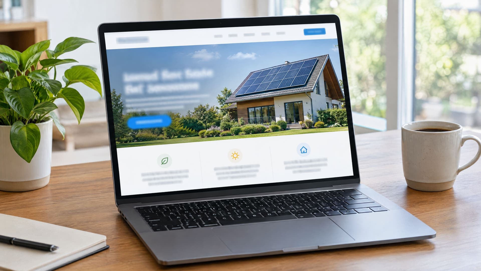 Laptop mit moderner Firmenwebsite mit großem Foto eines Hauses mit Solarmodulen
