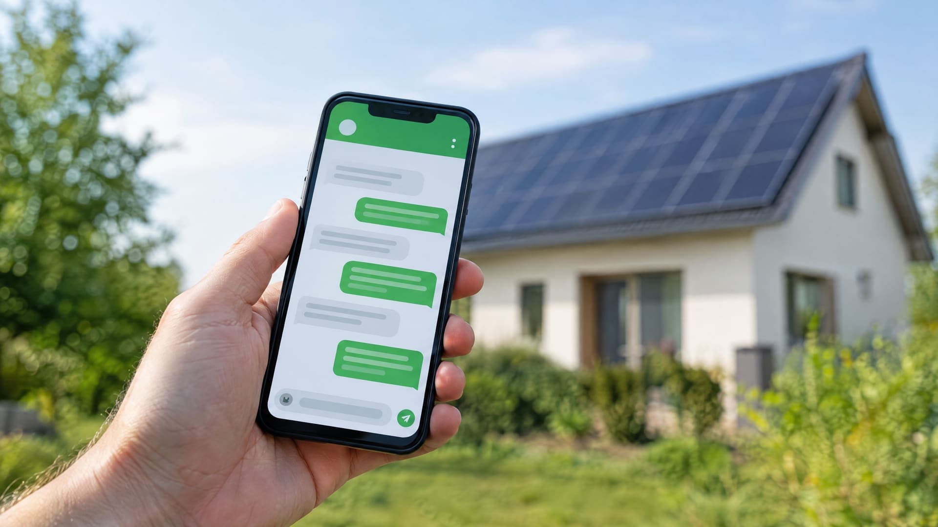 Hand hält ein Smartphone mit Messenger-Chat, im Hintergrund ein Haus mit Photovoltaikdach