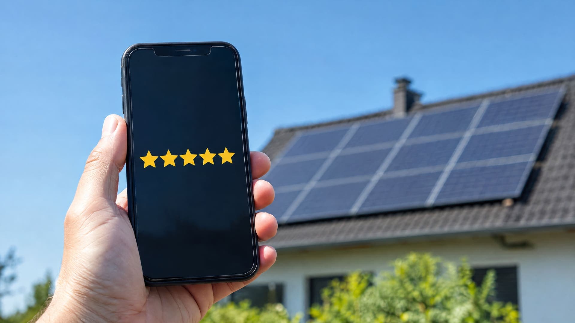 Hand hält ein Smartphone mit fünf gelben Sternen, im Hintergrund ein frisch installiertes Photovoltaikdach