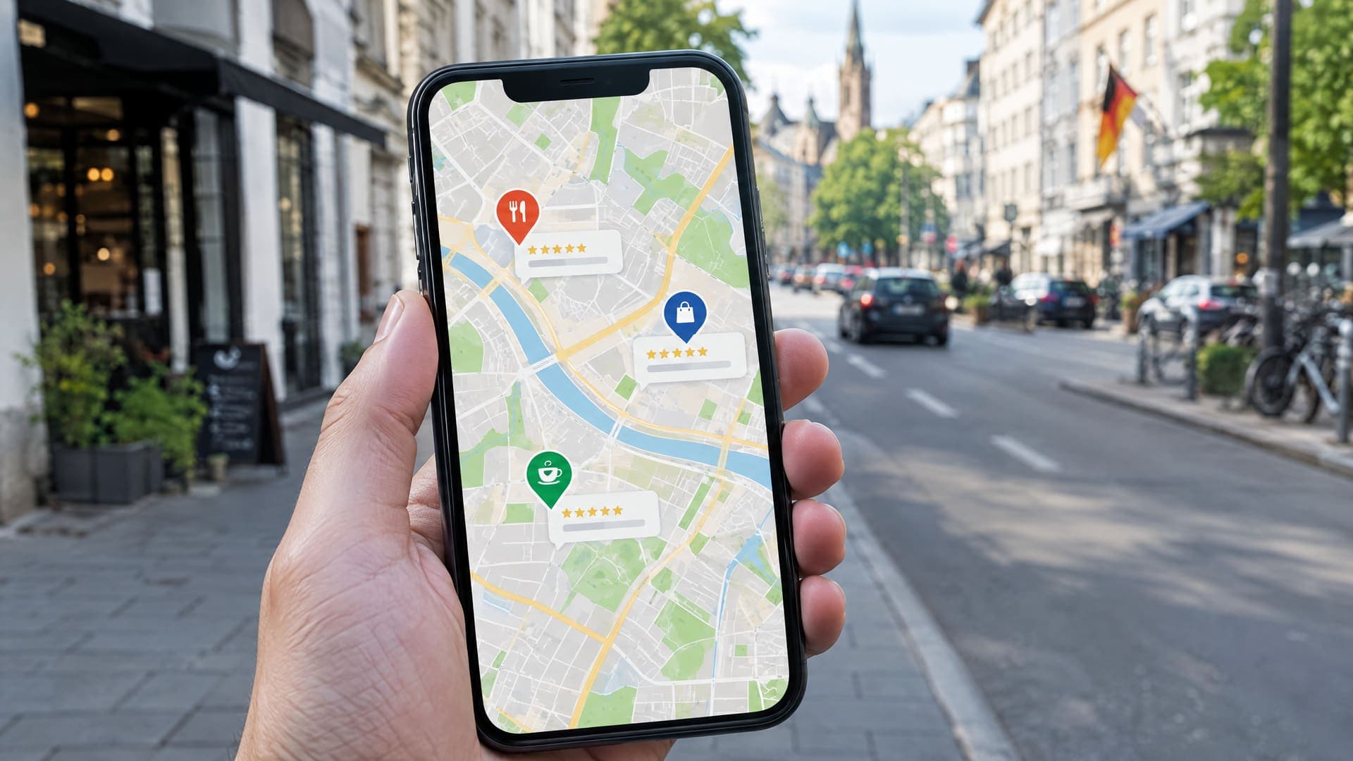 Smartphone mit Karte, drei hervorgehobenen Firmenmarkierungen und Sternebewertungen