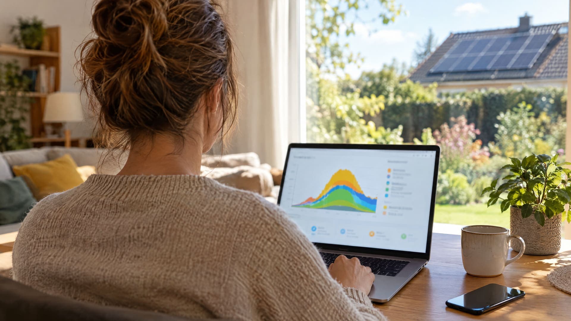 Hausbesitzerin von hinten am Laptop mit buntem Ertragsdiagramm, durchs Fenster ein Dach mit Photovoltaik
