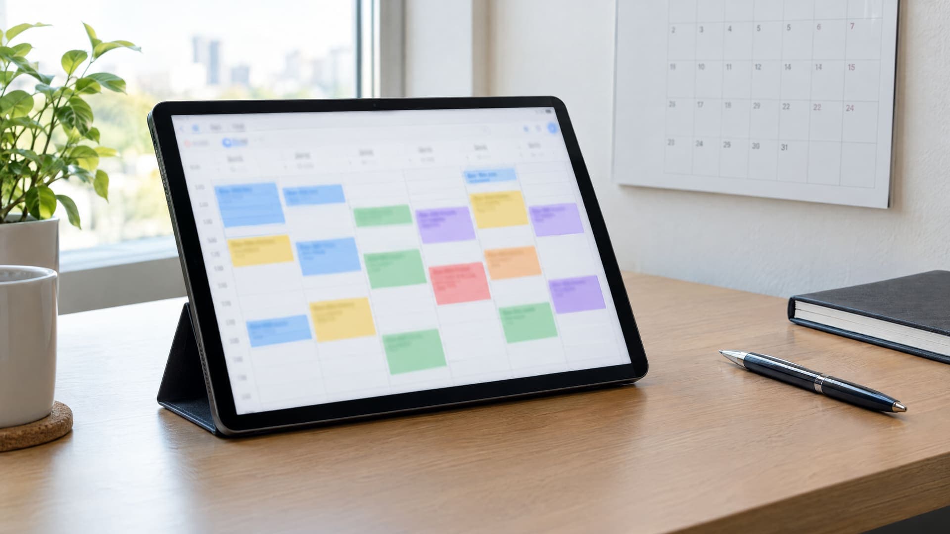 Tablet mit farbigen Terminblöcken neben einem Wandkalender